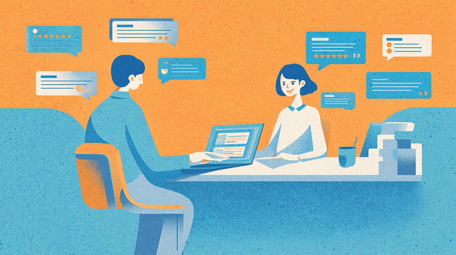 Customer feedback tools illustration showing people reviewing feedback and ratings